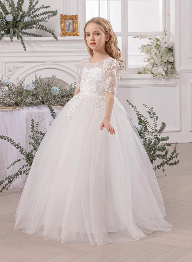 تايك تو فستان طويل بناتي أبيض بدانتيل زهور وظهر V عميق